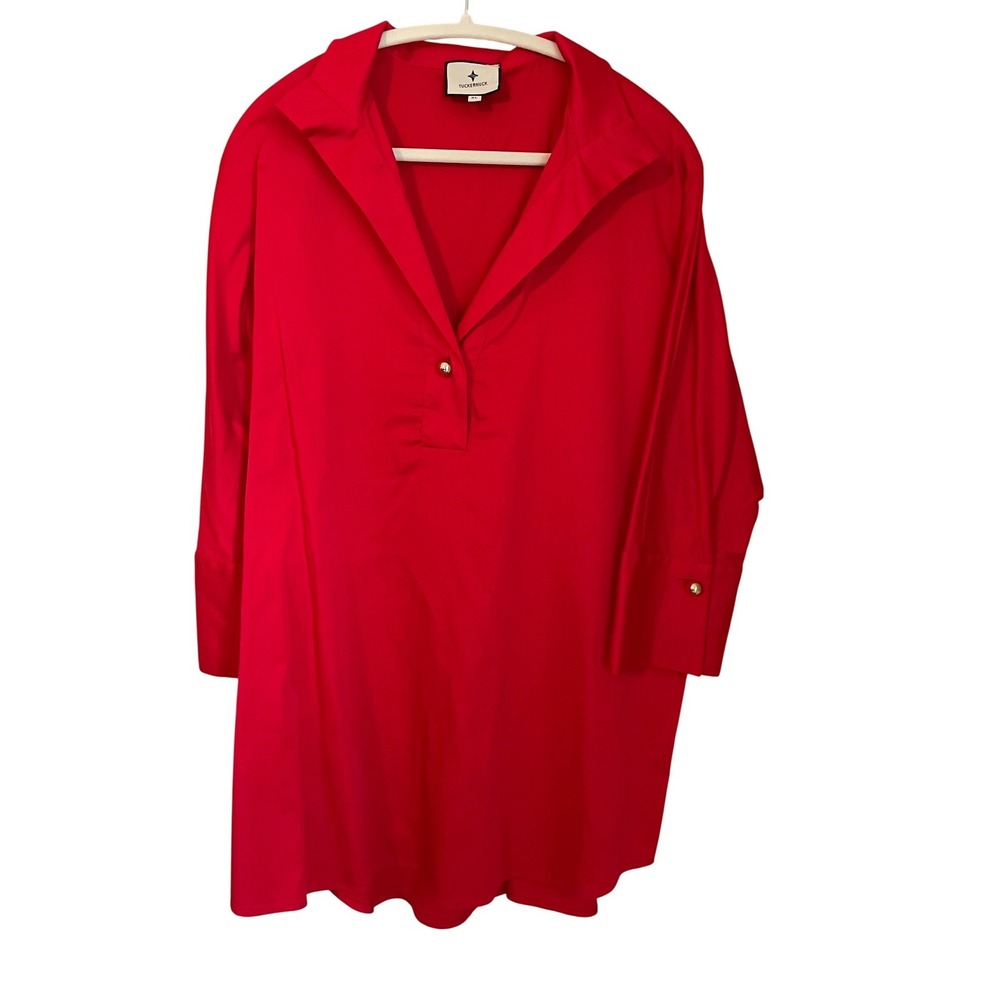 Tuckernuck Willow Tunic Shirt Size XL Red Stretch Poplin Gold Button Preppy